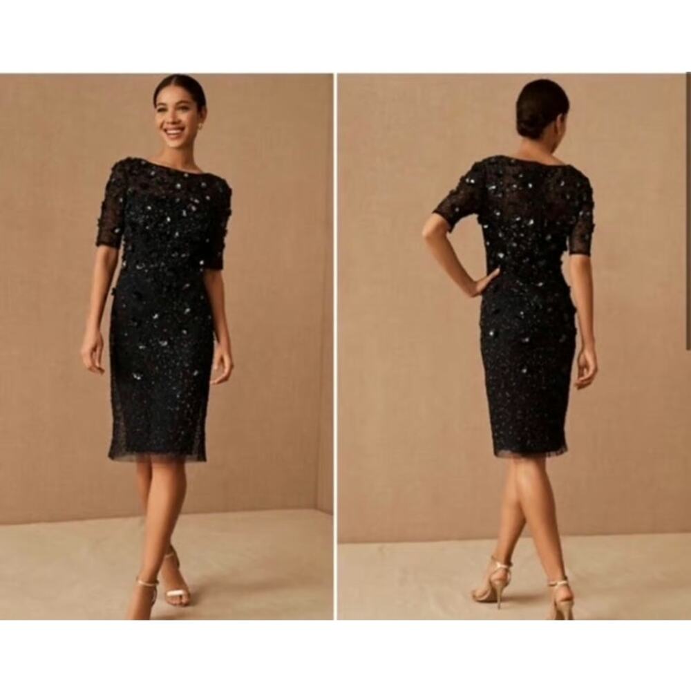 BHLDN Adrianna Papell Petaluma Dress 2 XS Black Sequin Beaded Cocktail Formal